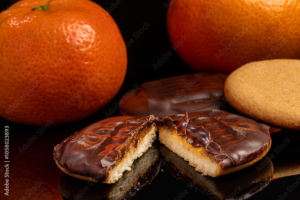 Chocolate biscuit, filled with orange, strawberry, peach and lemon jam, accompanied by orange fruit and on a black background.