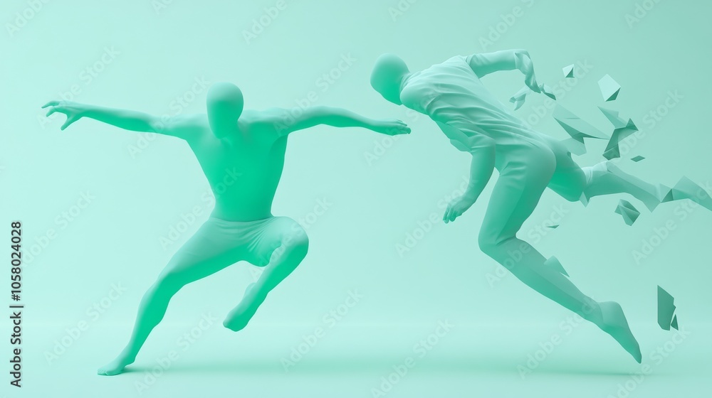 Abstract representation of movement and energy, showcasing figures breaking free and embodying dynamic athleticism. Abstract representation of movement and energy, showcasing figures breaking free and embodying dynamic athleticism.