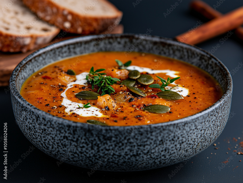 Creamy butternut squash soup seasoned with black pepper, garnished with thyme, pepitas seeds, sour cream, in a modern bowl Creamy butternut squash soup seasoned with black pepper, garnished with thyme, pepitas seeds, sour cream, in a modern bowl