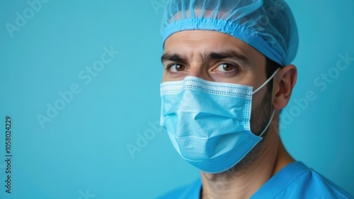 A doctor in a light blue surgical cap and light blue mask looks directly at the camera against a bright blue background. Healthcare and medical concept. 