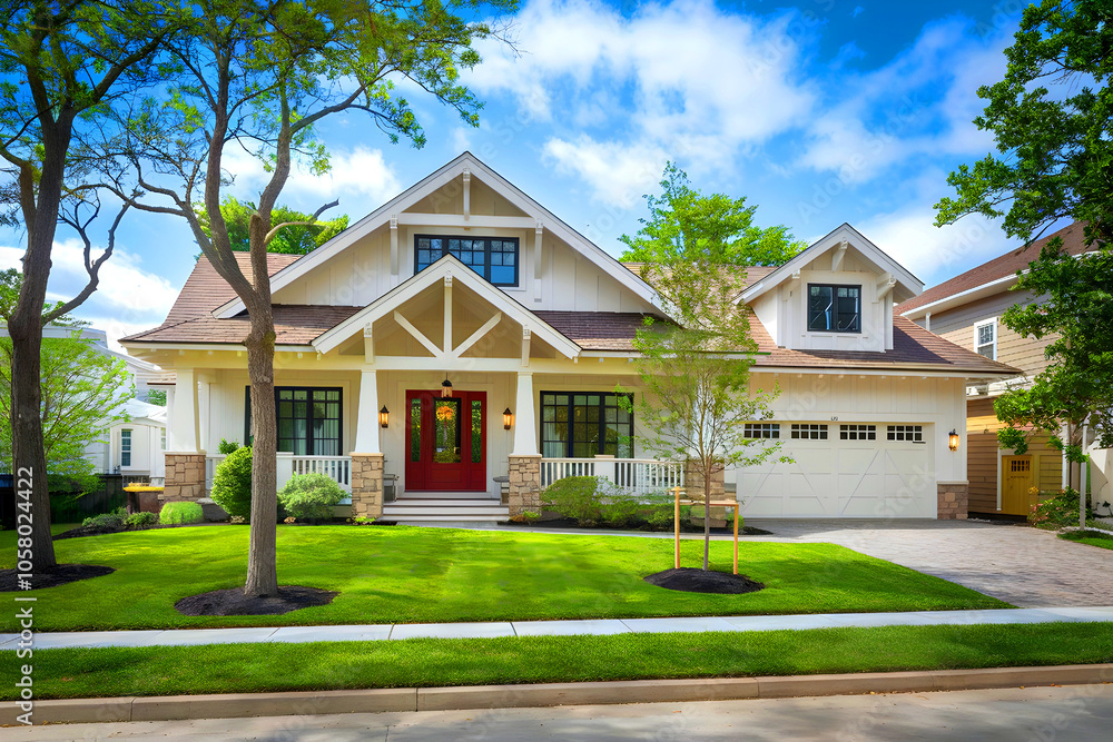 New beautiful luxury house exterior with garage, cloudy sky. New beautiful luxury house exterior with garage, cloudy sky.