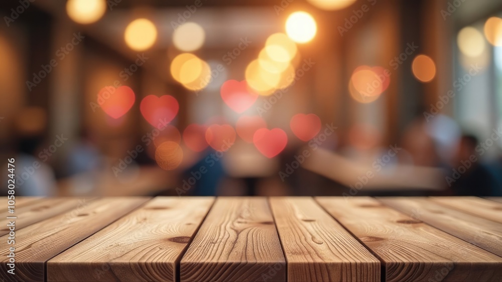 A wooden table top with a blurred background of a restaurant with romantic red hearts bokeh. Concept of romantic date night. Valentine's day background
A wooden table top with a blurred background of a restaurant with romantic red hearts bokeh. Concept of romantic date night. Valentine's day background