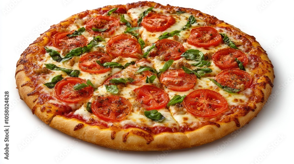 Delicious fresh tomato and basil pizza with melted cheese Delicious fresh tomato and basil pizza with melted cheese