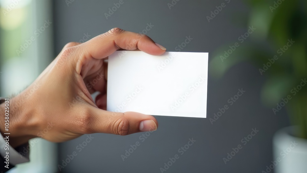 A hand is holding a blank business card in an office environment. Concept of business card mockup A hand is holding a blank business card in an office environment. Concept of business card mockup