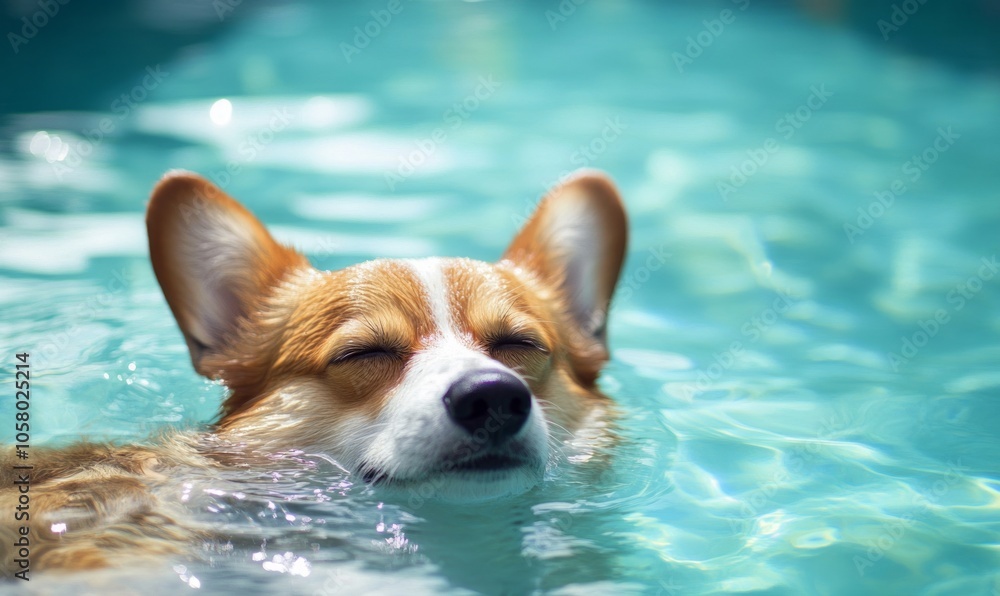 Corgi dog is resting in a pool water in a hot summer day. Vacation photo with space for text Corgi dog is resting in a pool water in a hot summer day. Vacation photo with space for text