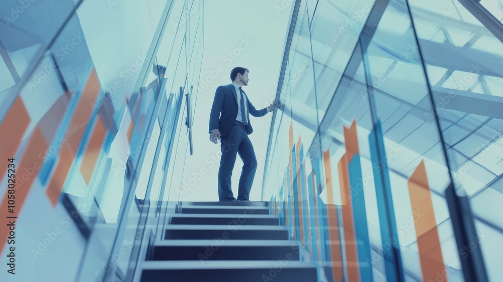 Businessman climbing stairs in a modern office building with glass walls and colorful data graphics, symbolizing corporate growth. Businessman climbing stairs in a modern office building with glass walls and colorful data graphics, symbolizing corporate growth.