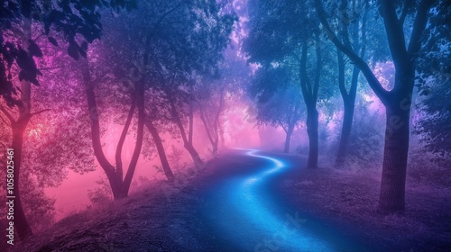 A mystical forest with glowing trees and a winding path shrouded in fog.