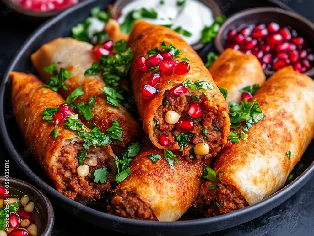 Close-up of delicious fried kibbeh rolls, filled with spiced lamb, garnished with pomegranate seeds and fresh parsley, a traditional lebanese dish