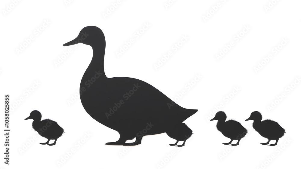 Silhouette of a duck with ducklings in a row on white background. Generative AI Silhouette of a duck with ducklings in a row on white background. Generative AI