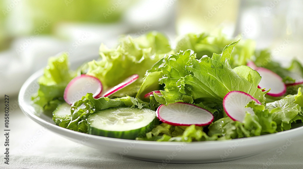 Fresh Green Salad with Radishes, Cucumbers, and Arugula Fresh Green Salad with Radishes, Cucumbers, and Arugula