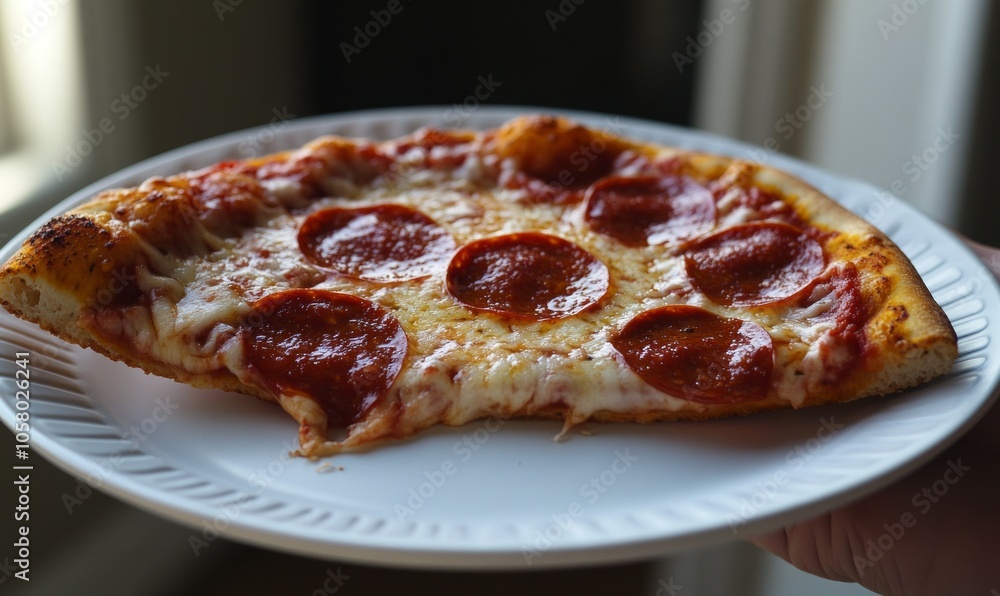 Hand holding pepperoni pizza slice above thin crust pizza slice on white plate Hand holding pepperoni pizza slice above thin crust pizza slice on white plate