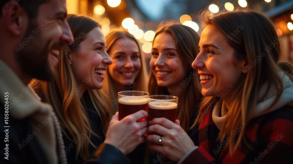 A group of friends enjoy a night out together, laughing and raising their glasses of beer in a toast. A group of friends enjoy a night out together, laughing and raising their glasses of beer in a toast.