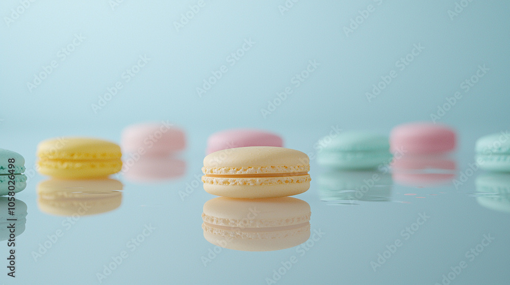 Minimalist Pastel Macaron Arrangement on Reflective Surface Minimalist Pastel Macaron Arrangement on Reflective Surface