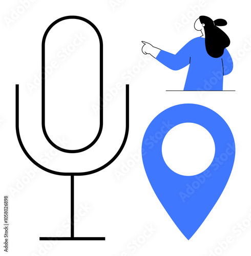 Large microphone icon, person pointing, and location pin. Ideal for voice interface, navigation, communication, smart technology, digital assistance. Clean simple modern style