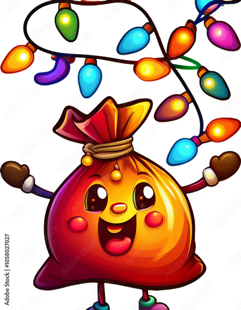 Naklejka premium Happy christmas gift bag holding string lights on transparent background