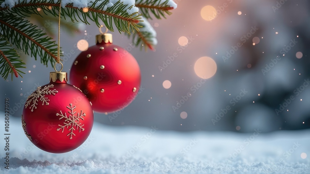 Two red Christmas balls hang from a snowy evergreen branch against a warm, blurry background of lights and falling snow. Christmas festive background
Two red Christmas balls hang from a snowy evergreen branch against a warm, blurry background of lights and falling snow. Christmas festive background