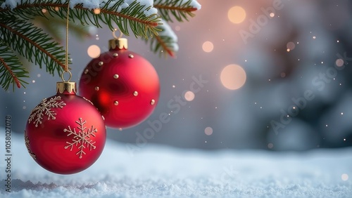 Two red Christmas balls hang from a snowy evergreen branch against a warm, blurry background of lights and falling snow. Christmas festive background 