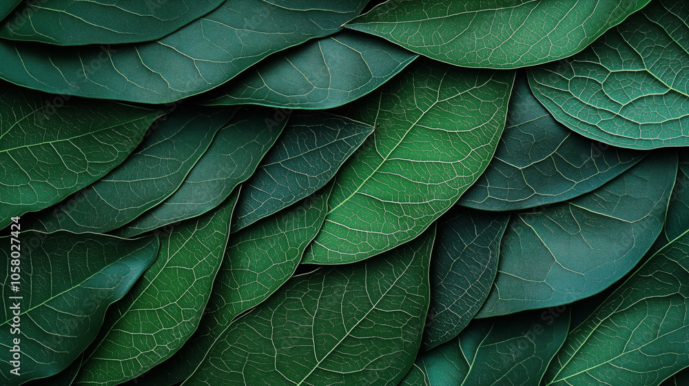 Close-up of overlapping green leaves with prominent veins creating a natural textured pattern in shades of green Close-up of overlapping green leaves with prominent veins creating a natural textured pattern in shades of green