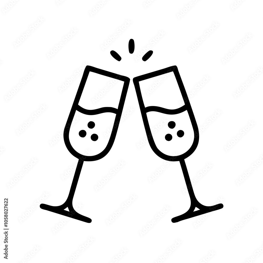 Clinking champagne glasses icon in black outline on white Clinking champagne glasses icon in black outline on white