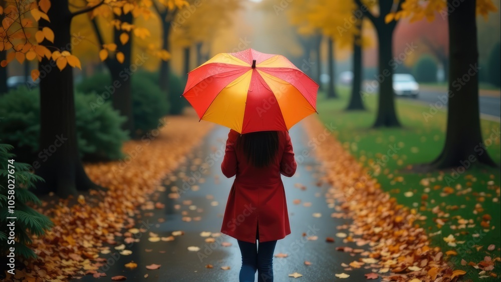 Obraz premium A woman in a red coat walks through a path covered in golden leaves, holding a red and yellow umbrella to protect herself from the autumn rain.