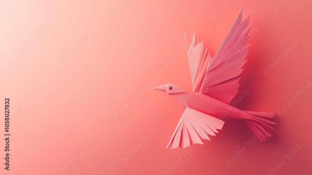Pink Paper Bird Flying Against a Soft Pink Background Pink Paper Bird Flying Against a Soft Pink Background