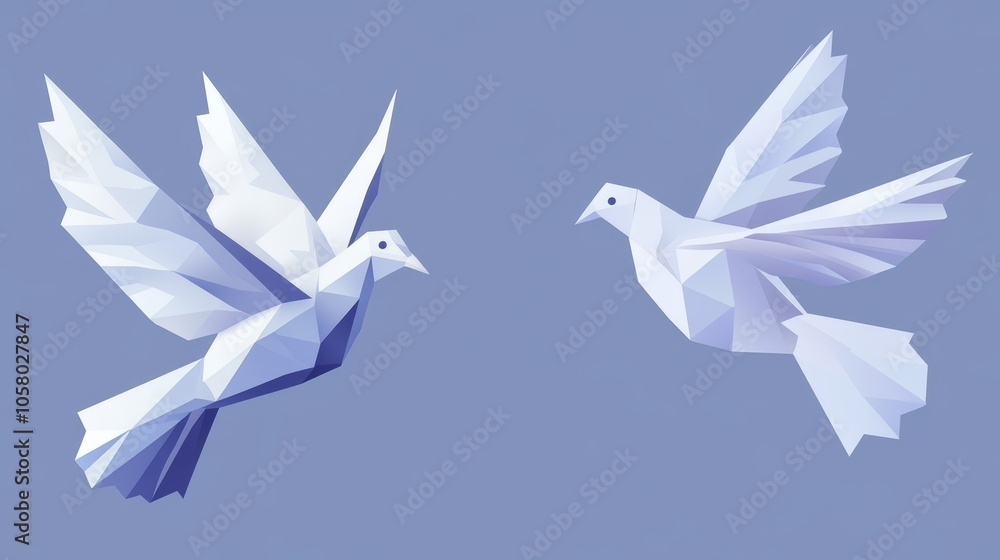 Fototapeta premium Abstract Low-Poly White Doves Flying Against a Soft Blue Background