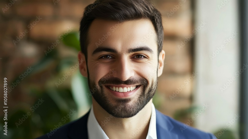 Confident man smiling in a modern office setting, showcasing a warm personality and professional appearance. Confident man smiling in a modern office setting, showcasing a warm personality and professional appearance.