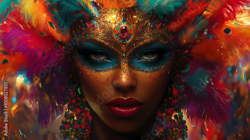 In the midst of the carnival's dazzling parade, a striking woman becomes a focal point of beauty amidst the vibrant chaos. Brazilian Carnival Parade. Illustration