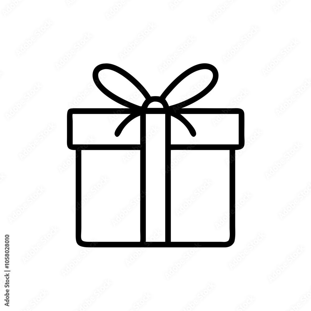 Gift box with ribbon icon in black outline on white background Gift box with ribbon icon in black outline on white background
