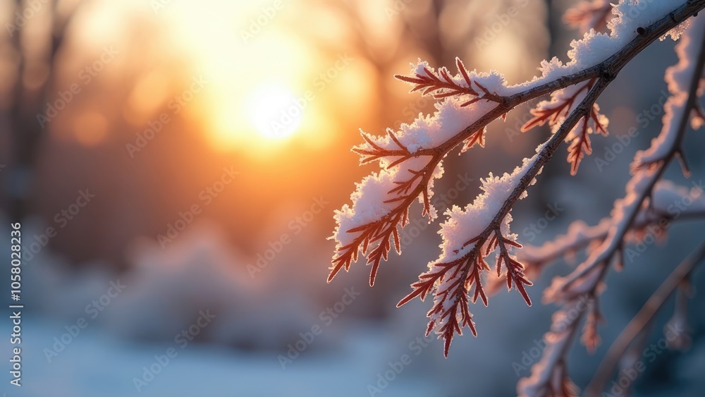 A close-up of a snow-covered branch with a warm orange sunset in the background. Winter background A close-up of a snow-covered branch with a warm orange sunset in the background. Winter background