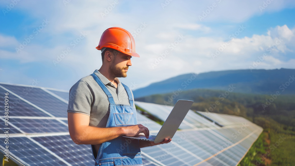 Solar panel engineer working with laptop at photovoltaic power plant. Modern technology specialist monitoring renewable energy installation. Concept of sustainable power and green energy transition