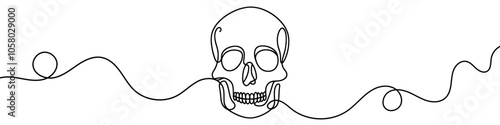 One continuous line illustration of a human skull, isolated on white background. Line art of a human skull.
