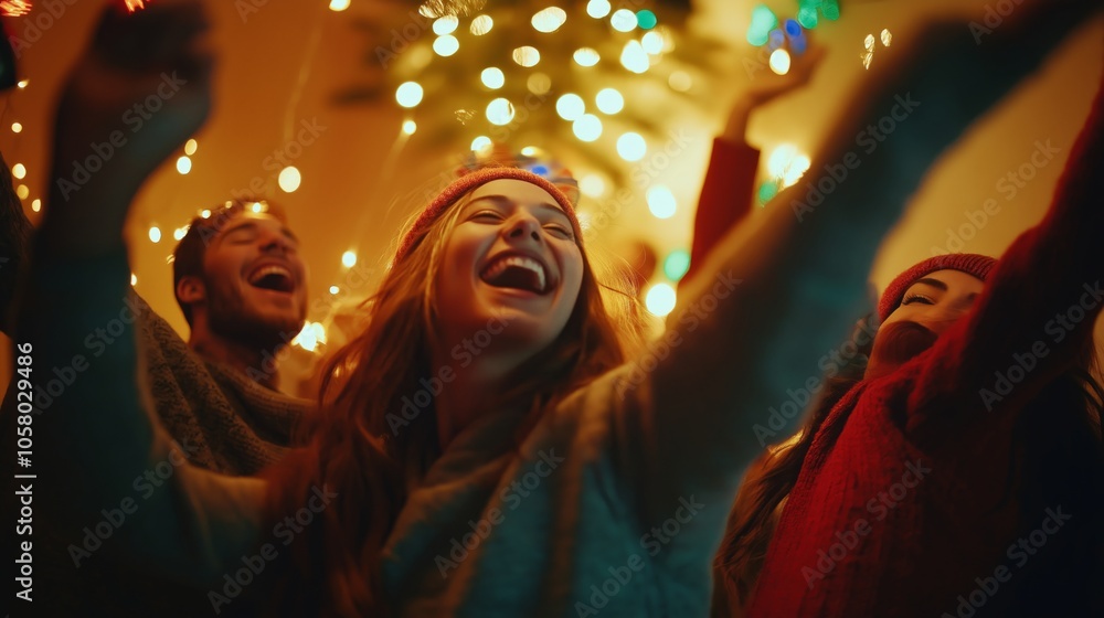 Joyful Moments: Friends Celebrating Under Festive Lights Joyful Moments: Friends Celebrating Under Festive Lights