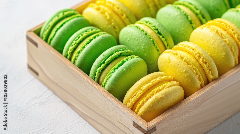 Vibrant green and yellow macaroons in a wooden box on a white background photographed up close. Vibrant green and yellow macaroons in a wooden box on a white background photographed up close.