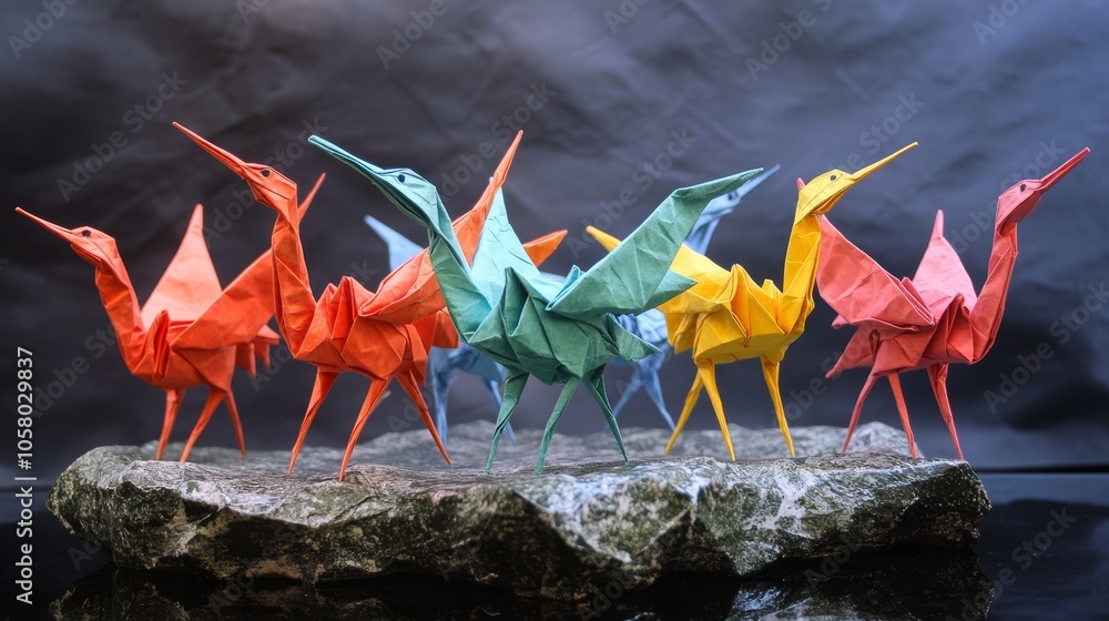 Fototapeta premium Colorful Origami Cranes Group on a Stone Base