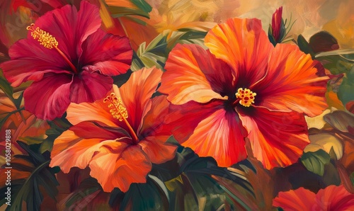 Wallpaper Mural An artistic close-up of vibrant hibiscus flowers in a tropical setting, showcasing a rich palette of reds and oranges Torontodigital.ca
