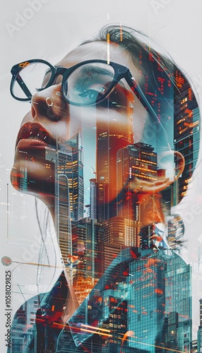 sharp double exposure photo collage featuring a business woman wearing eyeglasses, creatively