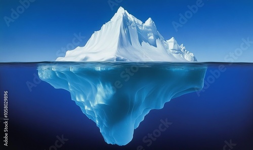 An iceberg visible above and below water on a clear blue background, illustrating the concept of hidden depth