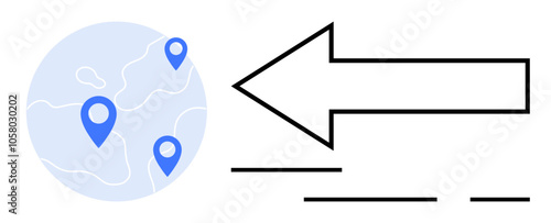 Location markers on a globe with a large directional arrow pointing left. Ideal for logistics, travel, geolocation services, global marketing, navigation apps, direction guides, and relocation