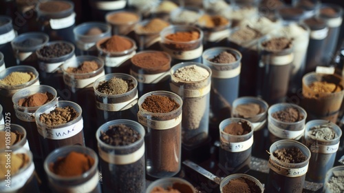 Multiple soil samples are neatly arranged in a laboratory, undergoing analysis for research or agricultural purposes. The diverse range of soil colors suggests varying compositions and properties