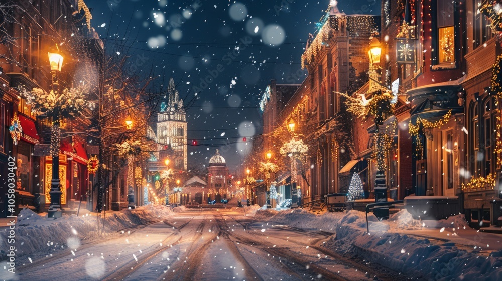 Winter Wonderland Cityscape, a panoramic view of a snow-covered city adorned with vibrant holiday lights, illuminating the bustling streets and festive atmosphere. Winter Wonderland Cityscape, a panoramic view of a snow-covered city adorned with vibrant holiday lights, illuminating the bustling streets and festive atmosphere.