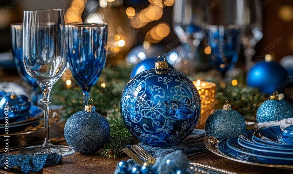 Blue glass Christmas ornaments with intricate patterns on a festive table Blue glass Christmas ornaments with intricate patterns on a festive table