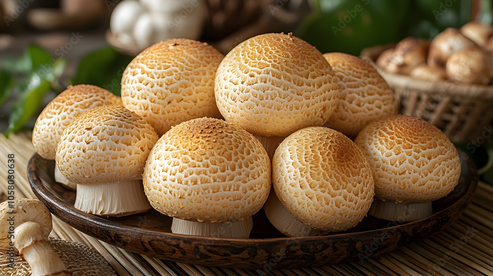 A pile of fresh, golden shiitake mushrooms displayed on a bamboo mat