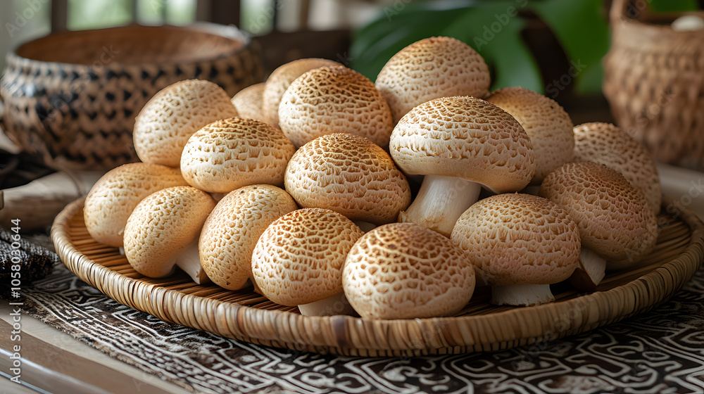 A pile of fresh, golden shiitake mushrooms displayed on a bamboo mat A pile of fresh, golden shiitake mushrooms displayed on a bamboo mat