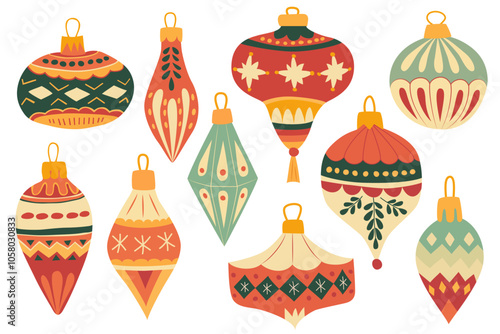 Set of vintage Christmas ornaments with retro patterns