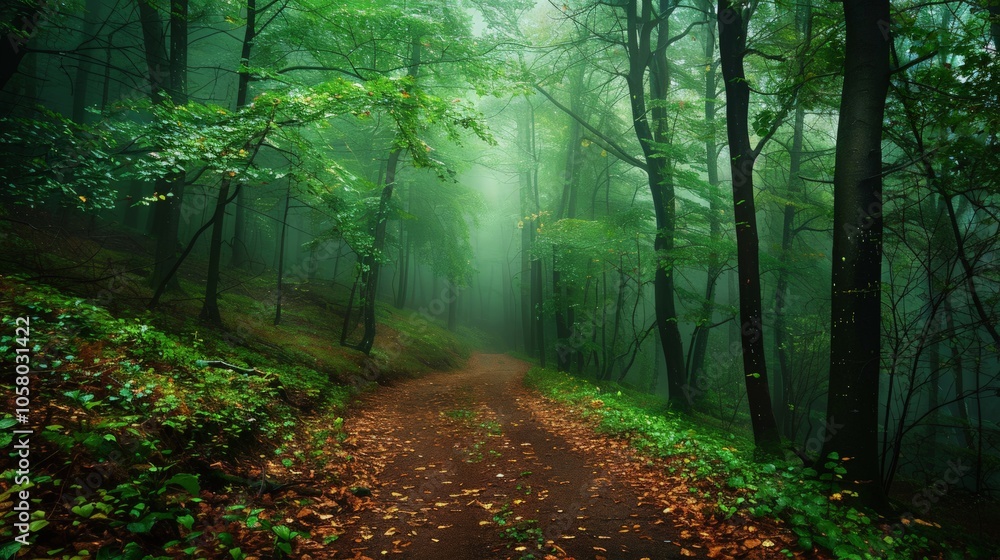 Fototapeta premium Tranquil Forest Trail, serene pathway adorned with fallen leaves, soft rain enhancing the vibrant greenery, inviting calm and reflection in nature's embrace