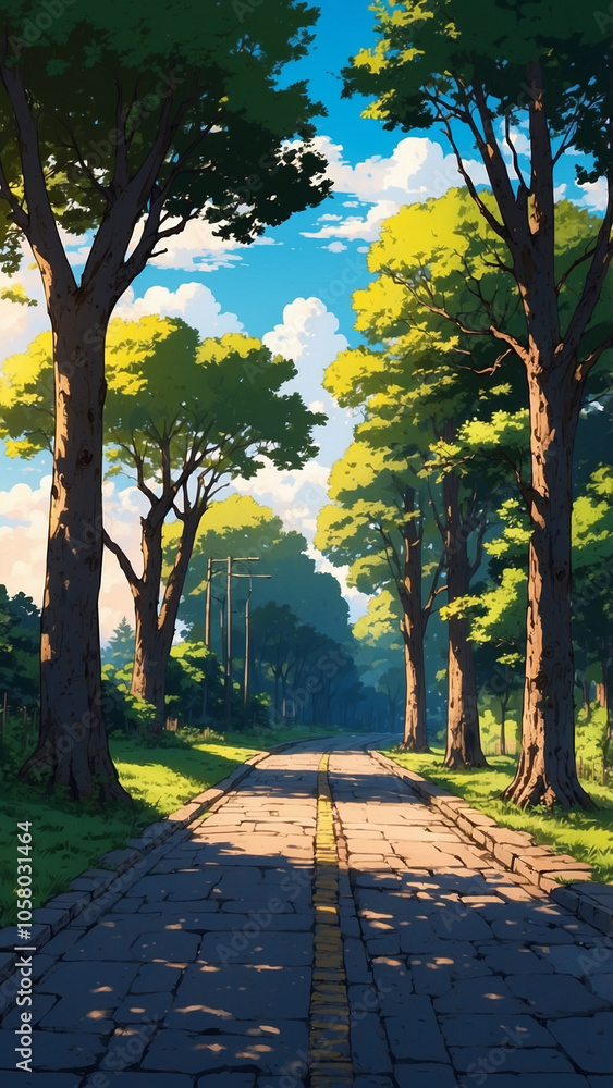 Obraz premium Anime style, quiet road lined with ancient trees, shadows on pavement, bright summer sky, calm and peaceful. In vertical frame