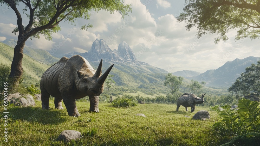 Fototapeta premium Majestic rhinoceroses roam a lush landscape, surrounded by verdant trees and distant mountains under a serene sky.