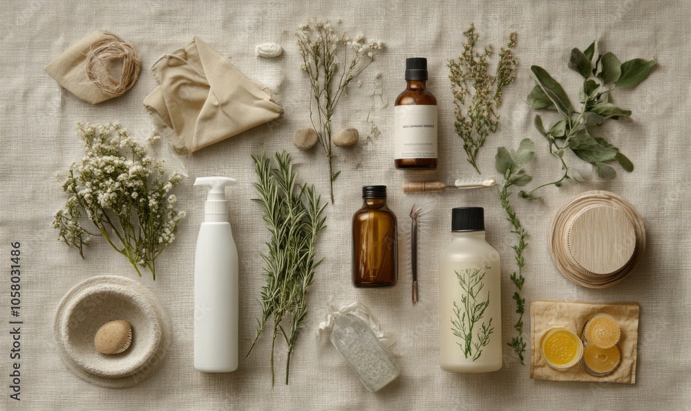 Eco-friendly cleaning and personal care items are thoughtfully arranged on a linen background, showcasing sustainable living choices in an attractive layout Eco-friendly cleaning and personal care items are thoughtfully arranged on a linen background, showcasing sustainable living choices in an attractive layout