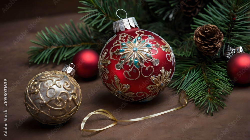 Decoración navideña elegante con esferas y árbol de navidad Decoración navideña elegante con esferas y árbol de navidad